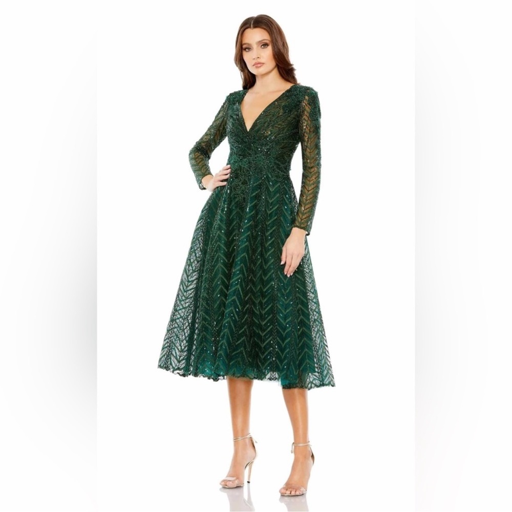 Mac Duggal 20399 Long Sleeve Midi Holiday Christmas Party Dress New 16 Emerald
